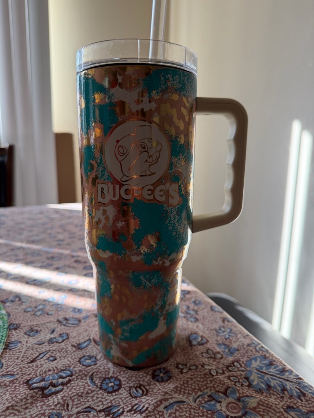 Teal and Gold Insulated Travel Tumbler with Handle